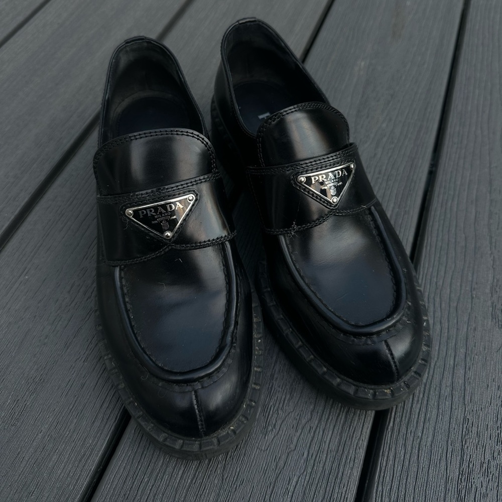 Prada Triangle Logo Brushed Leather Loafers - Black, 37